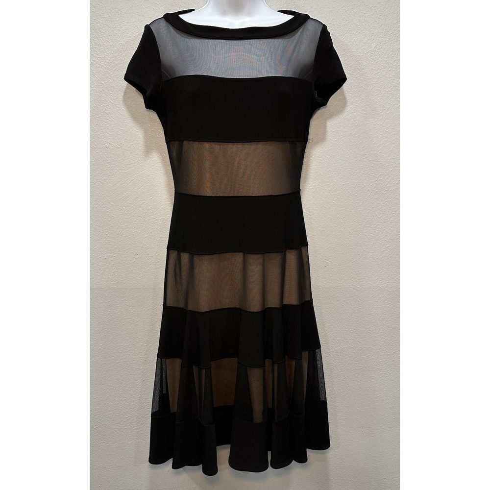 Joseph Ribkoff Midi Dress Size 6 Black Nude Sheer Mesh Striped Overlay Pull Over